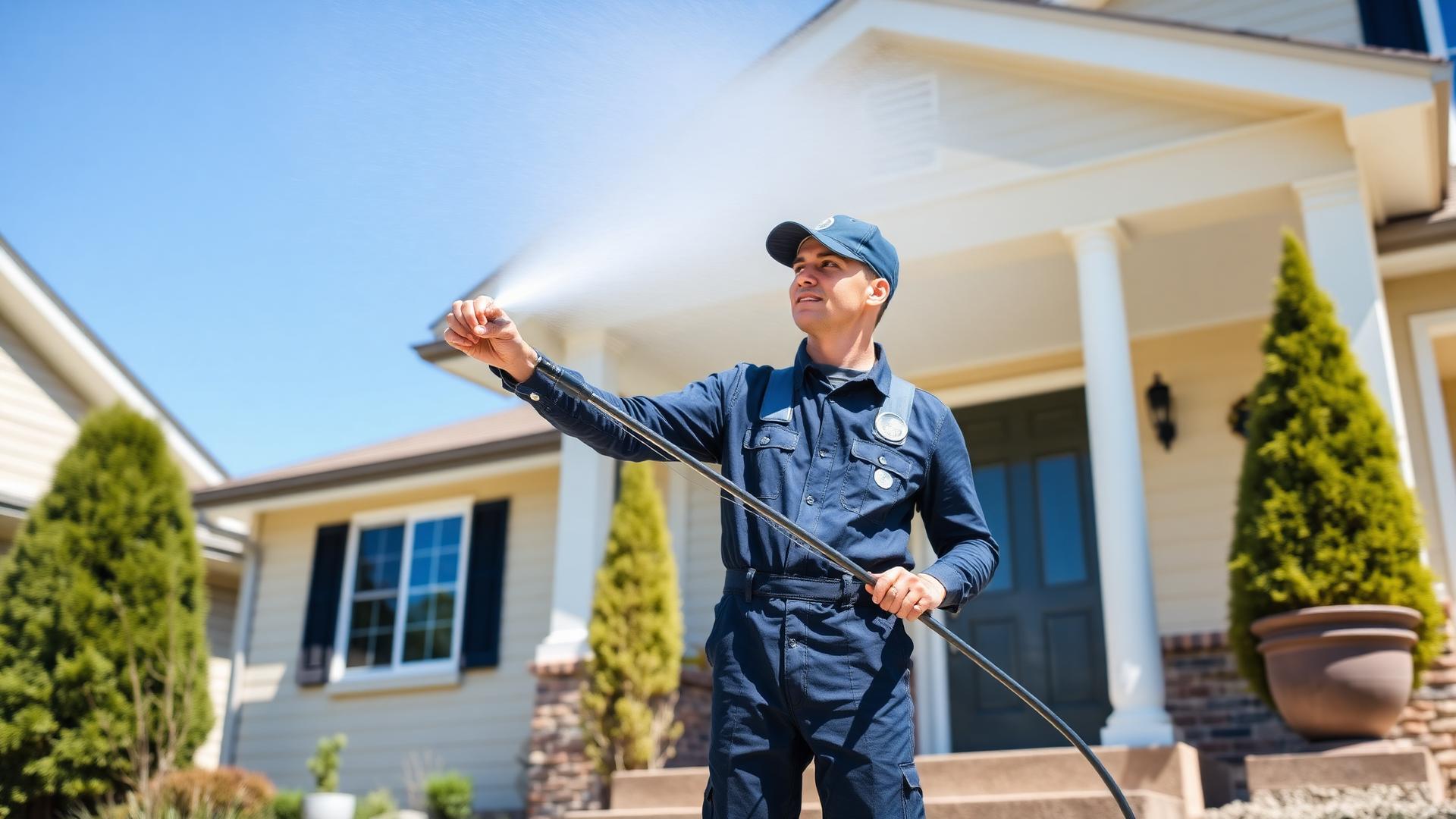 Professional pressure washing technician cleaning a home exterior