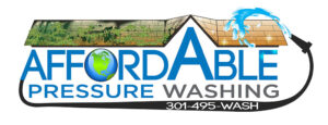 Logo of Affordable Pressure Washing with an illustration of a clean roof line and a globe, emphasizing eco-friendly services.