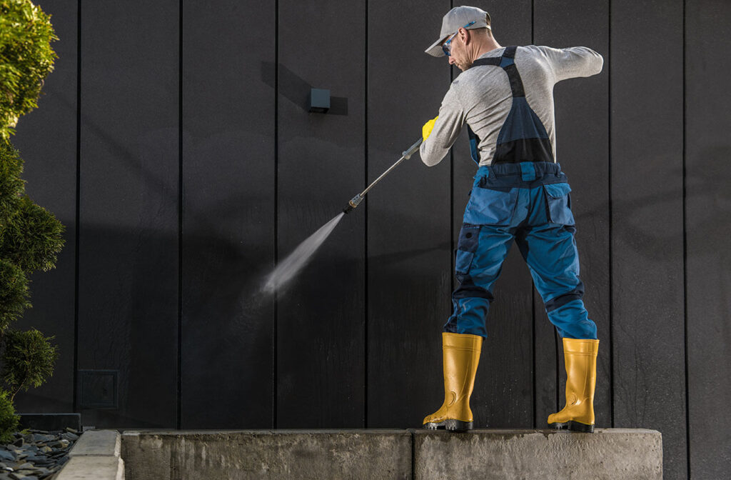 A skilled technician uses a pressure washer to clean the dark siding of a building, showing the clear line between the washed and unwashed areas.