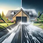 Close-up image of a driveway being cleaned with soft washing on one side and pressure washing on the other, illustrating the effectiveness of both methods.